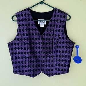 NEW Banjo Womens Harlequin Diamond Zip Front Vest L Purple Rodeo Western Ranch